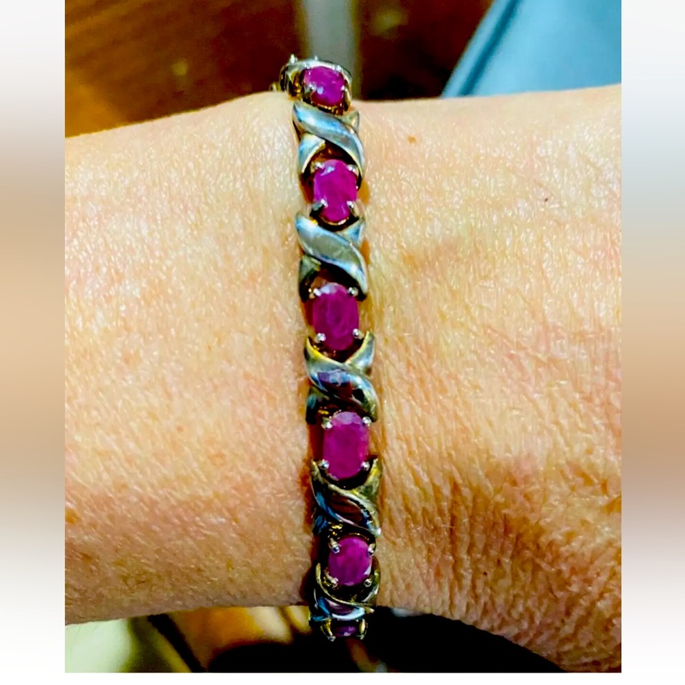 925 Sterling Silver Real Ruby "X" Tennis Link Bracelet 7.5"